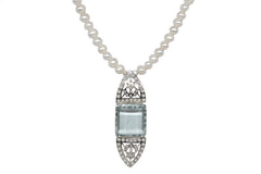 Aqua Glass Necklace with Silver Lace and Pearls String