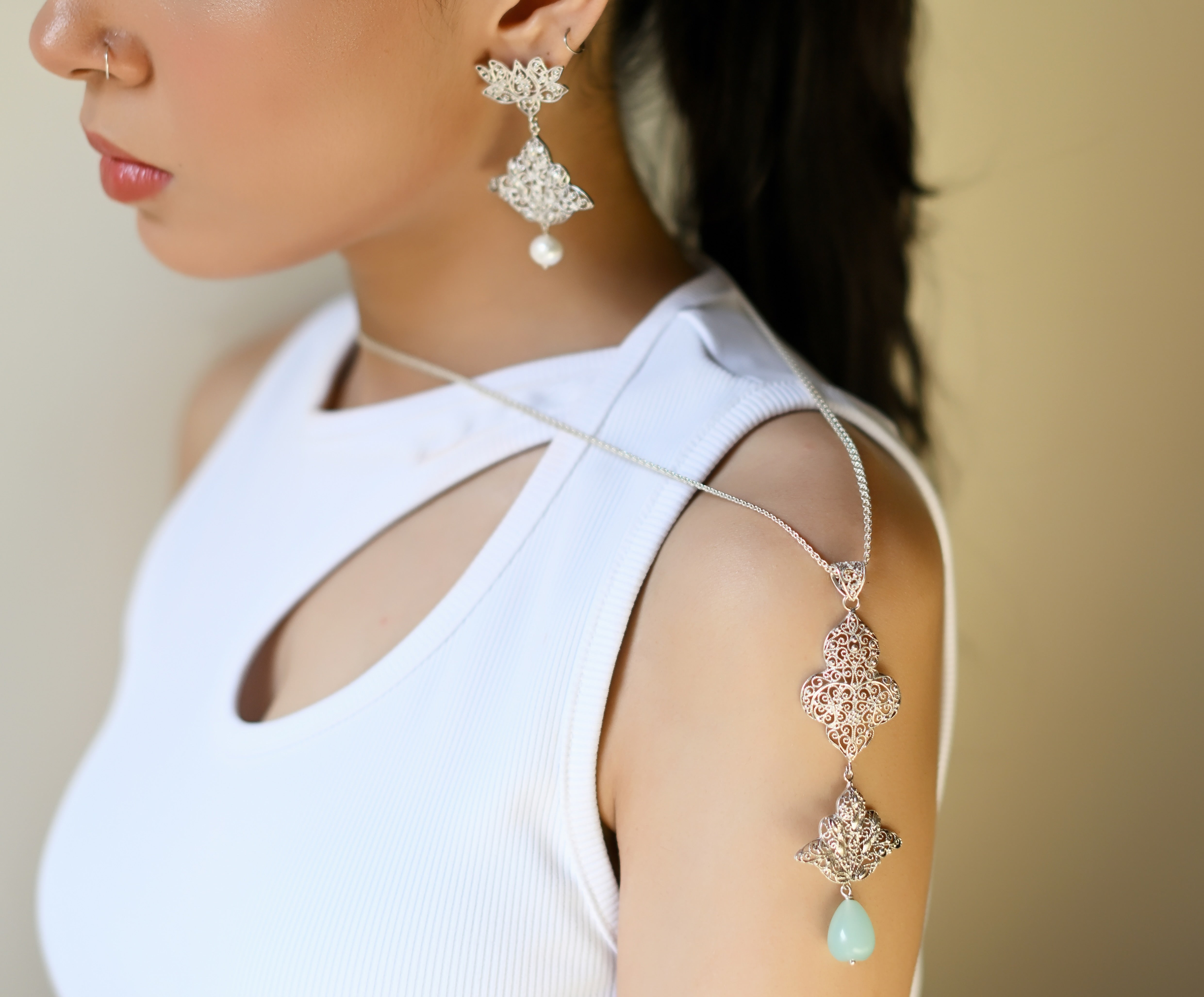 Double Filigree Lotus Pendant With Hanging Calcedony