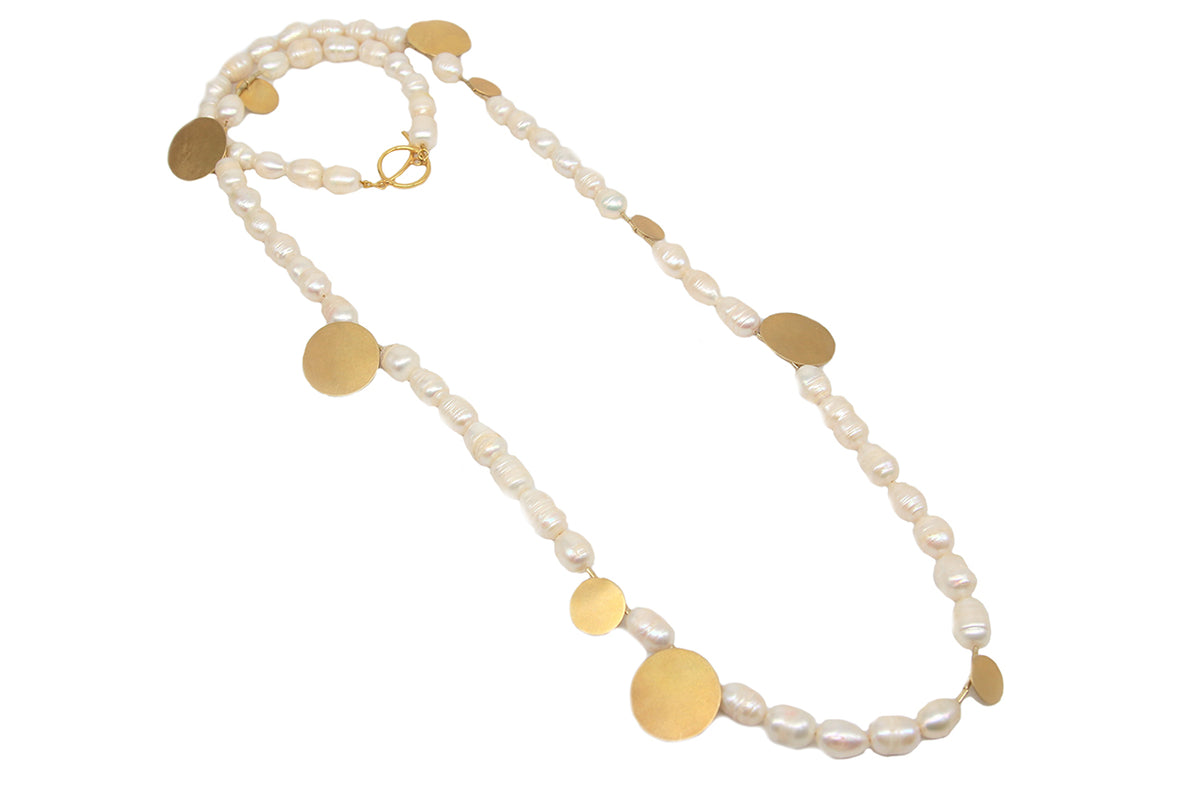 Gold Discs with Long Pearl String