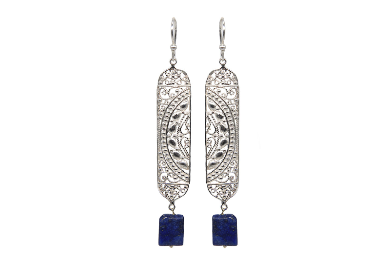 Taarkashi Long Earrings With Lapis Lazuli Bead