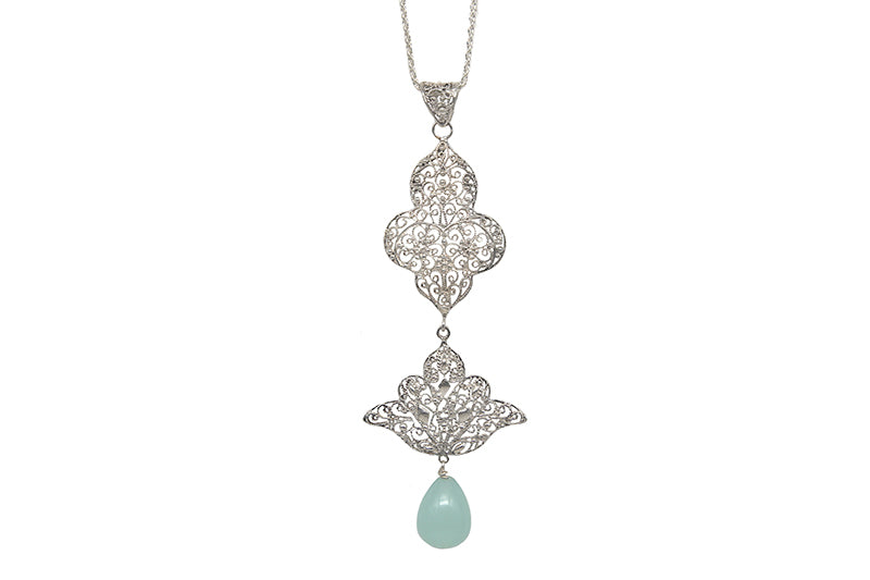 Double Filigree Lotus Pendant With Hanging Calcedony