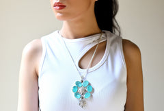 Filigree Damask Pendant With Aqua Green Glass