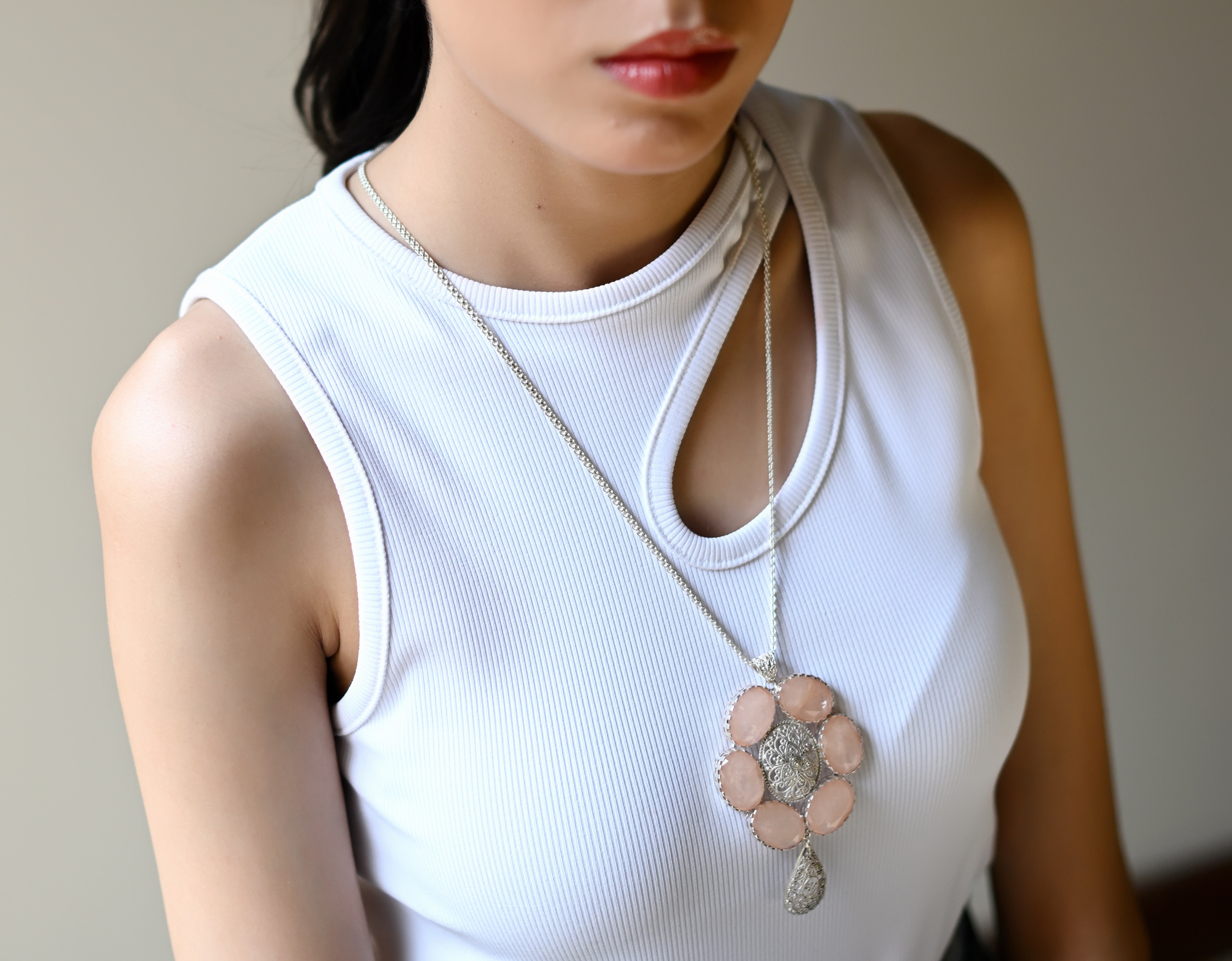 Filigree Disc Pendant With Pink Glass