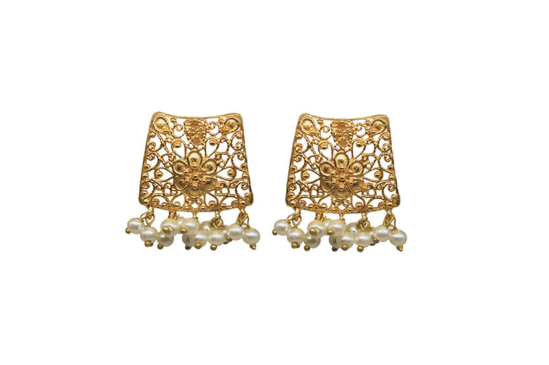Gold Filigree Posts With Hanging Pearls  Plated