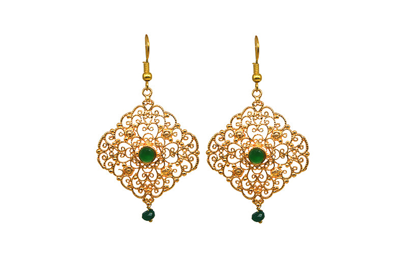 Royal Filigree Earrings  With Green Agates plated