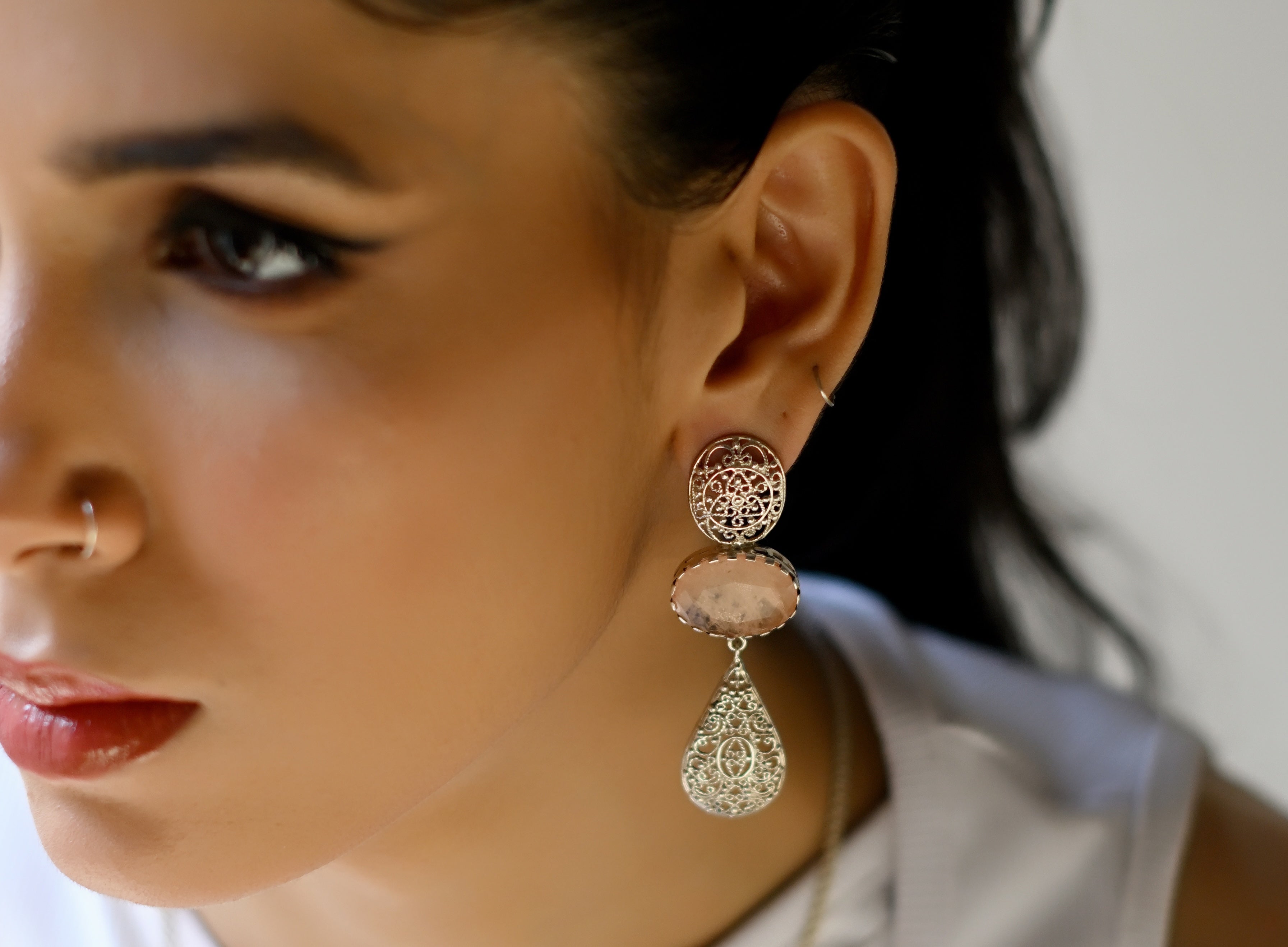 Pink Glass Earrings With Filigree Drop