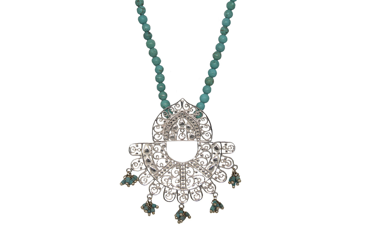 Plated Filigree Necklace With Turqouise String