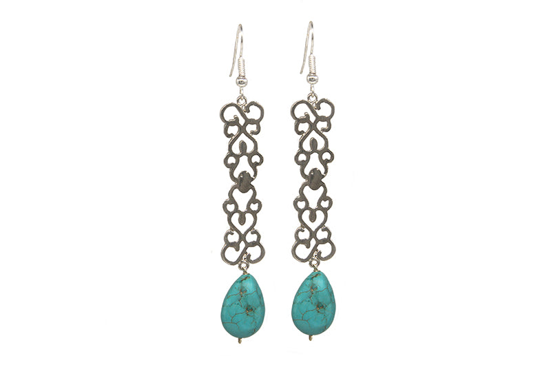 Plated Long Earrings With Turqoise Bead