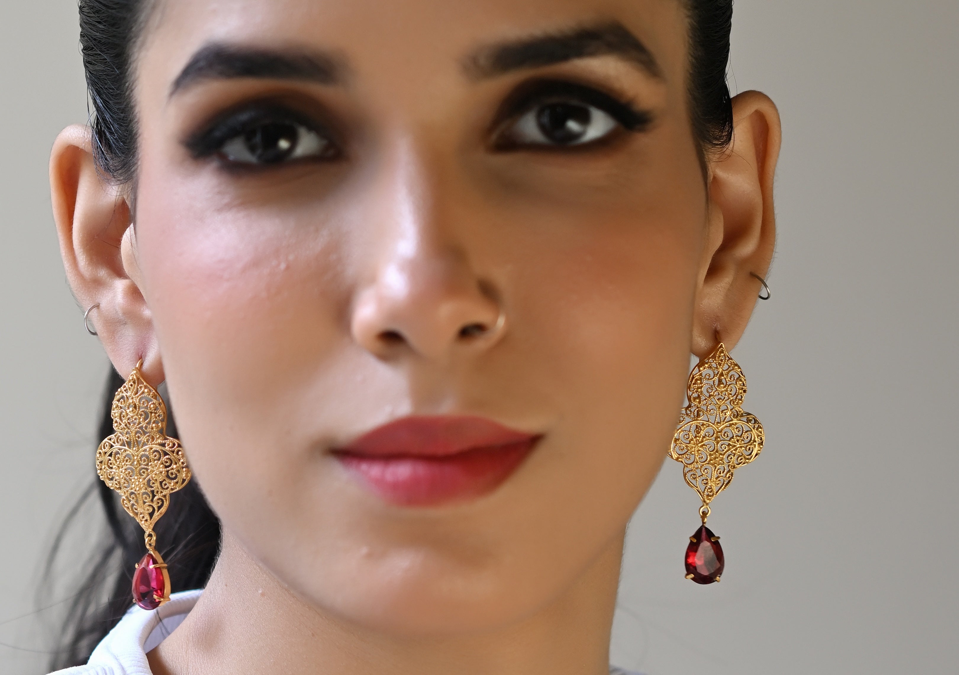 Royal Filigree Red Glass Drop Earrings