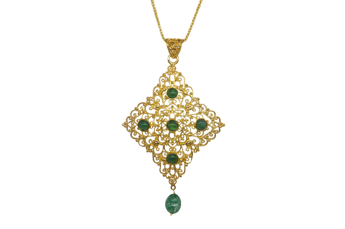 Royal Filigree Necklace With Green Agate Goldplated