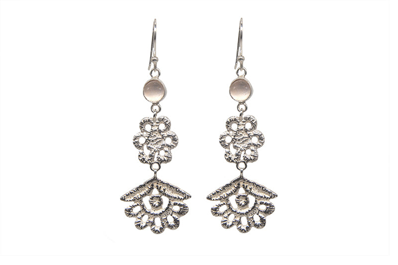 Three Tier Floral Lace Rose Quartz Earrings