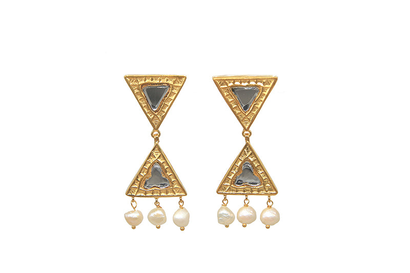 Triangular Kundan Earrings With Hanging Pearls Gold Plated