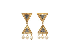 Triangular Kundan Earrings With Hanging Pearls Gold Plated