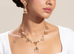 Triangular Kundan Earrings With Hanging Pearls Gold Plated