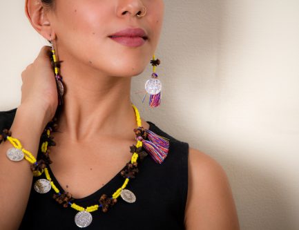 Yellow Three Coins Multicolor Tassel Necklace